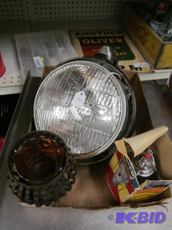 lot 17 image: Vintage Auto Headlight, battery safety light and candle holder