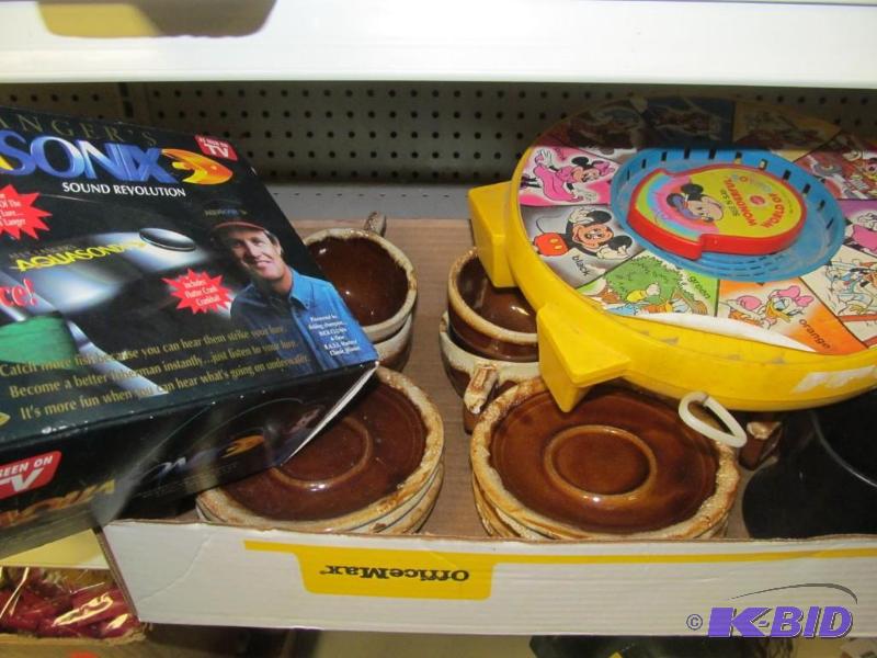 lot 29 image: ceramic coffe cup set, sonic fish finder and Fisher Price