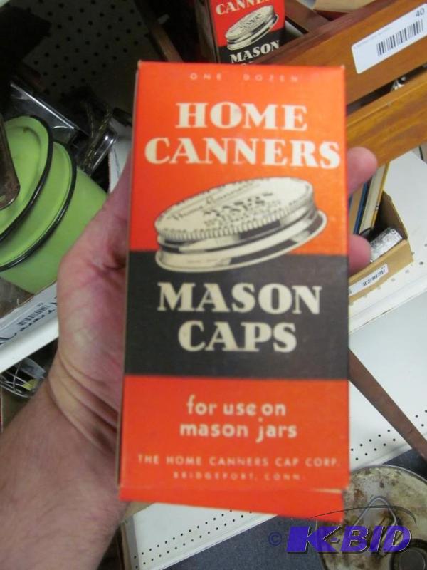 lot 40 image: Lot of 4 dozen vintage Mason jar lids new in boxes and 2 wodden folding towel racks