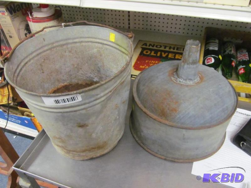 lot 9 image: Vintage 2 Gallon Galv Bucket and Large Vitage Tractor Funnel