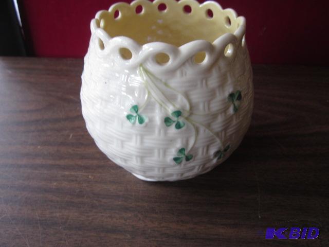 6 inch Belleek basket weave clover vase, with...