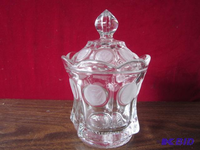 6 inch lidded Fostoria Coin glass cannister, ...