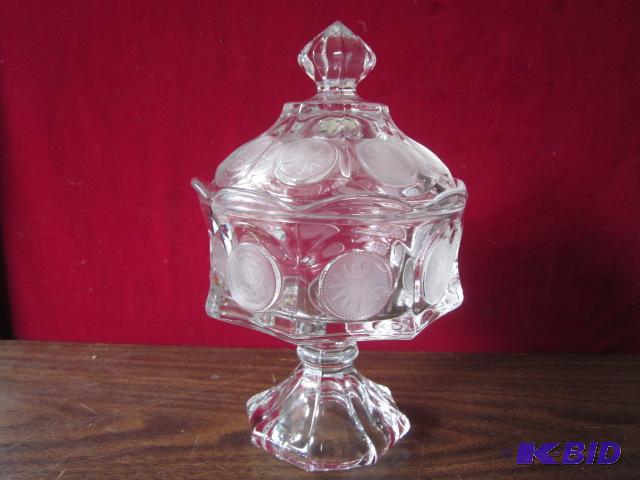 9 inch lidded Fostoria Coin glass candy dish,...