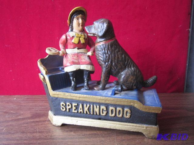 Speaking Dog cast iron mechanical coin bank, ...