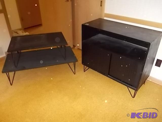 lot 14 image: Black Record Cabinet (35x16x31), 2-TablesSte...