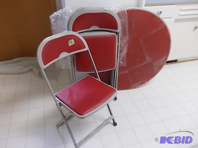 lot 18 image: Round Red Folding Table & 4-Chairs Set...