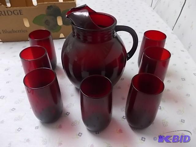 lot 40 image: Red Glass Pitcher With 7-Tumblers...