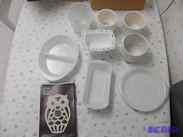 lot 52 image: Casseroles, Owl Trivet, Vases, Some Milk Glas...