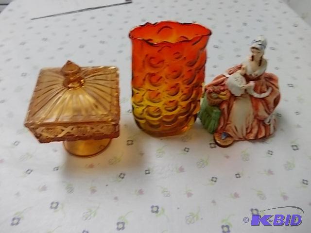 lot 60 image: 2-Orange Glass Items, 1-Figurine...