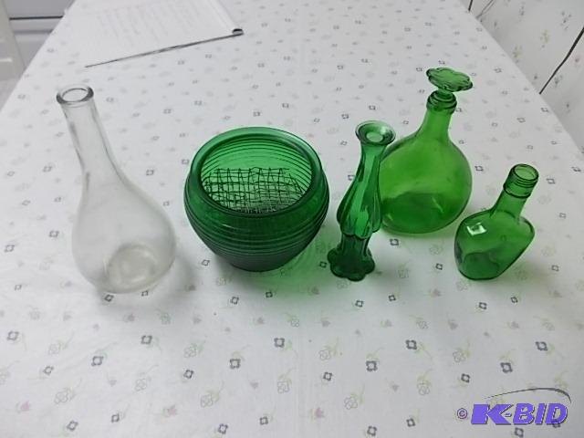 lot 61 image: Collection Of Green Glass Vases & Bottles...