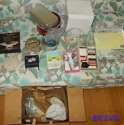 lot 66 image: 2-Boxes Knick Knacks, Etched Glass Vase, Tabl...