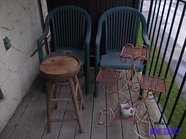 lot 25 image: 2-Green Plastic Chairs, 1-Plant Stand, 1-Stoo...