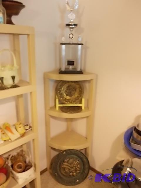 lot 63 image: 4-Tier Plastic Corner Shelf & Contents (B...