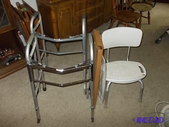 lot 65 image: 2-Walkers, 1-Shower Chair, 1-Transfer Board...