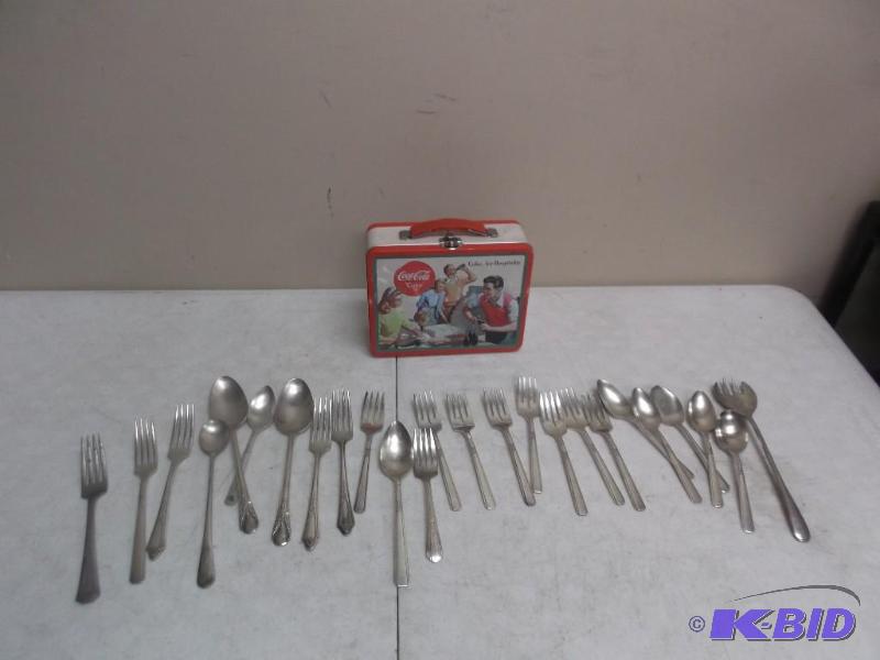 lot 168 image: Lot Of Silver Plated Silverware In A Tin Coca...