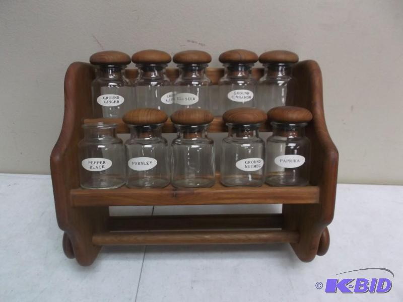 lot 216 image: Spice Rack With Jars, One Is Missing A Lid...