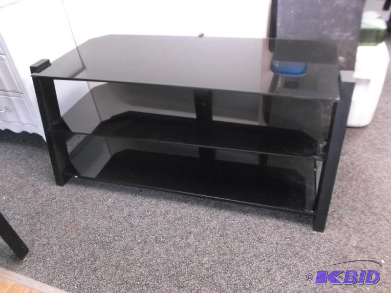 lot 8 image: Black Glass And Metal Entertainment Center Ra...