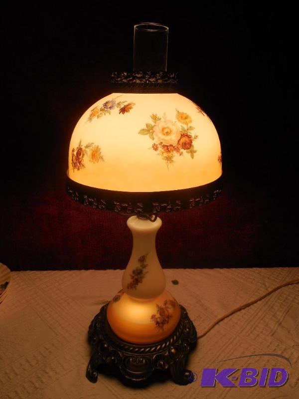 Vtg or Antique Gorgeous Floral Hurricane 3 Way Lamp