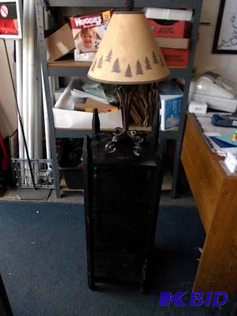 lot 107 image: 4-Tier Shelf, Pine Cone Lamp With Shade...