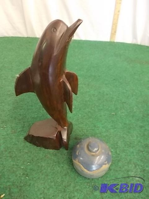 lot 12 image: 12 Inch Wood Dolphin, Hand Crafted Trinket Bo...