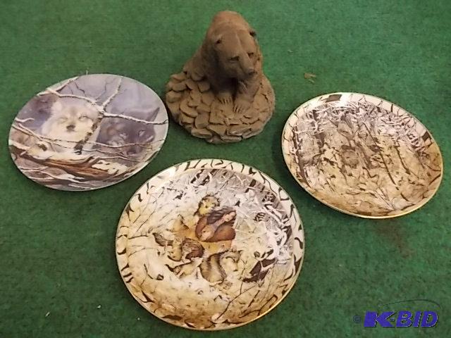 lot 22 image: 3 Collector Plates & Cement Bear Statue...