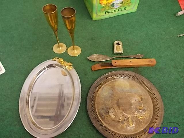 lot 36 image: Box Lot Of Brass & Silver Plate Serving P...