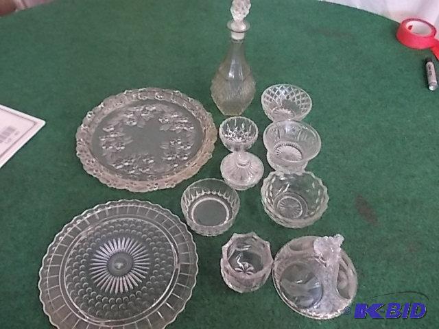 lot 39 image: Box Lot 2 Glass Cake Plates, Decanter, Lenox ...