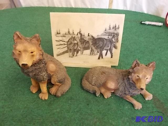 lot 6 image: 2 Wolf Figures, Montana Marble Etched Wolf Pl...