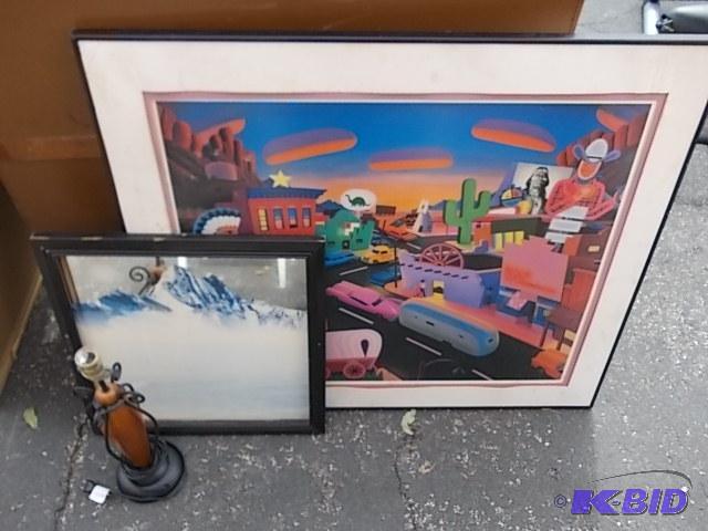lot 61 image: Lamp & 2 Pictures 21 x 28 & 33 x 38...