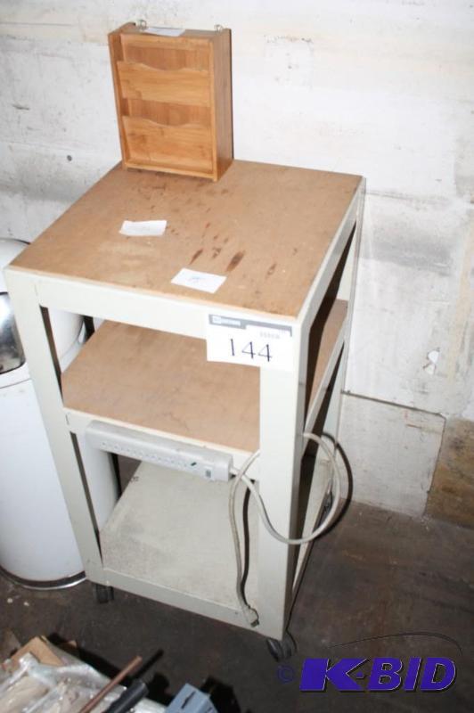 lot 144 image: Metal shelving unit 3 shelves with wooden in...