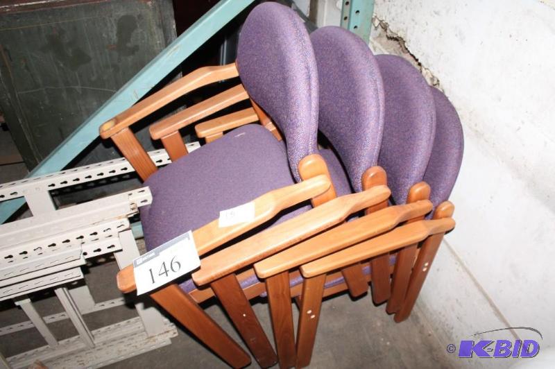 lot 146 image: Lot of (4) purple chairs with wooden armrests...