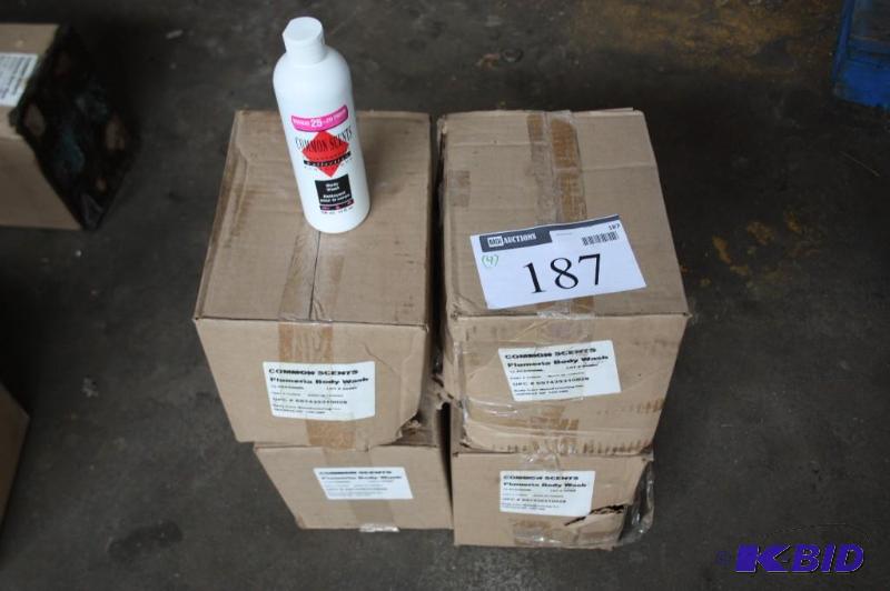 lot 187 image: Box lot of (4) Common Scents Plumeria Body Wa...