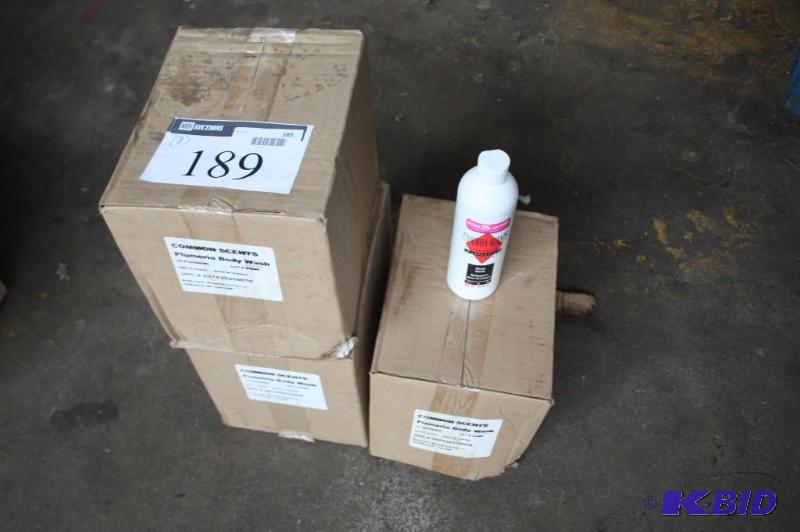 lot 189 image: Box lot of (3) Common Scents Plumeria Body Wa...