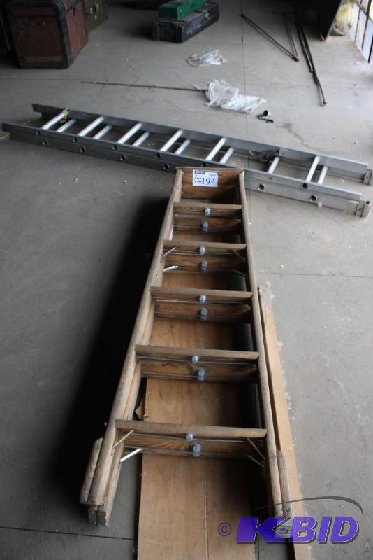 lot 19 image: Lot of (2) ladders. Wooden a-frame ladder is ...