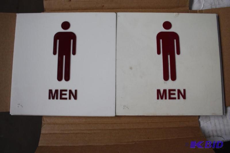 lot 198 image: Mens bathroom signs. White and red...