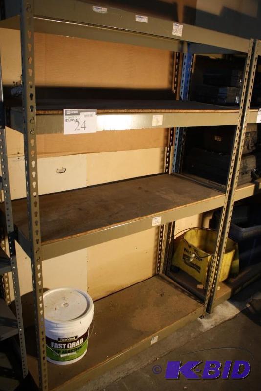 lot 24 image: Gray shelf six adjustable shelves. 48" ...