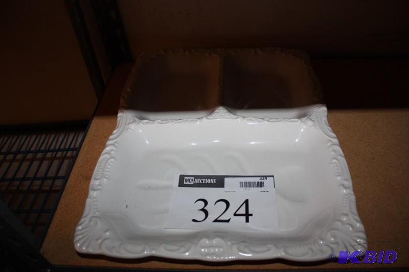 lot 324 image: Ceramic serving dish with ornate sides. White...