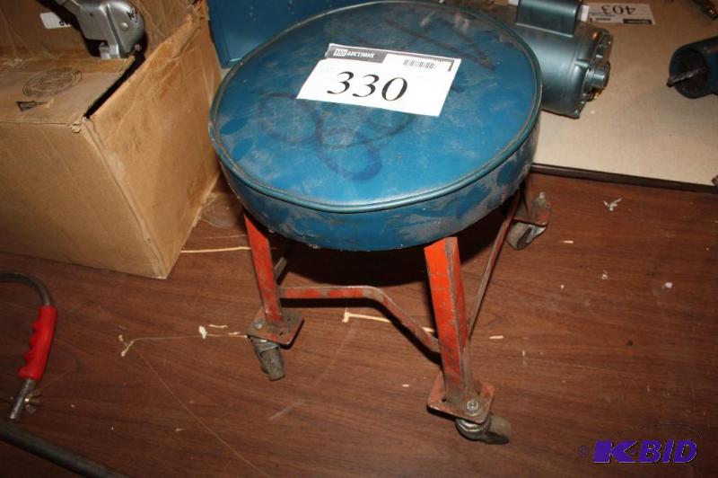 lot 330 image: Blue seated stool on metal frame and wheels ...