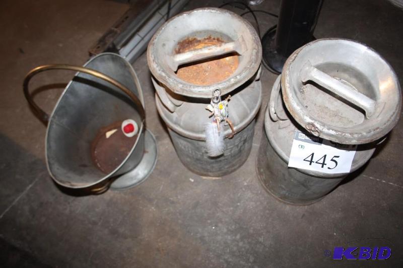 lot 445 image: Lot of (3) items 2 metal milk jugs with lids...