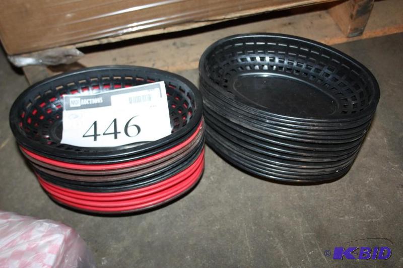lot 446 image: Lot of (27) plastic serving trays red and bl...