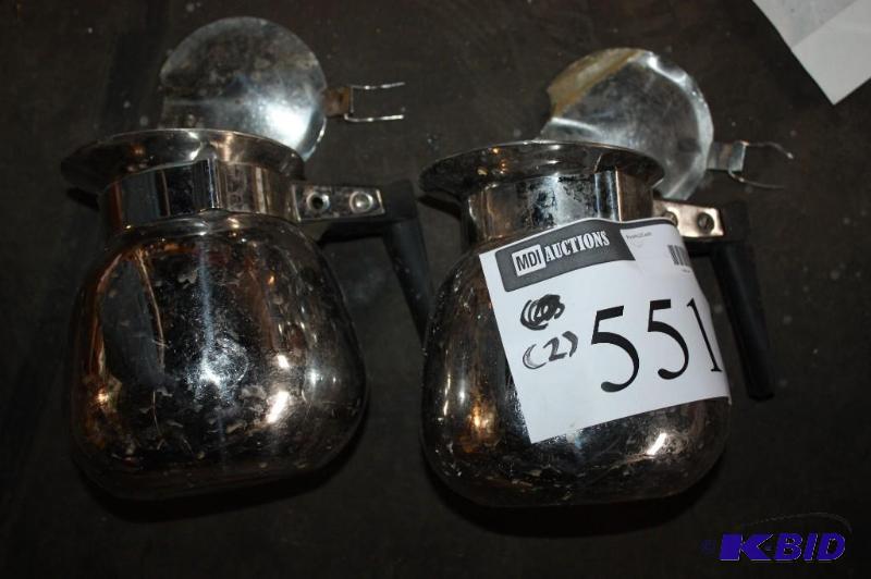 lot 551 image: Lot of (2) metal coffee pots for serving....
