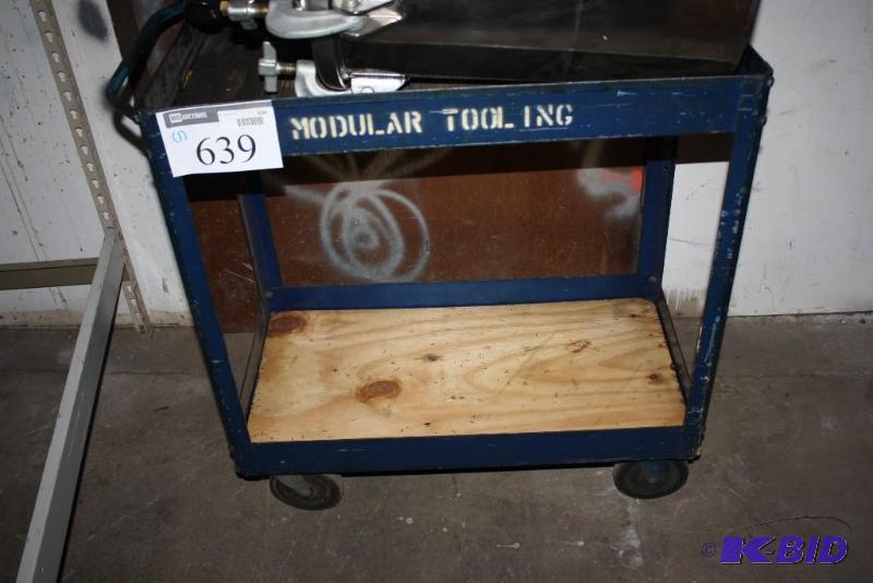 lot 639 image: Blue cart with wooden insert on wheels does ...