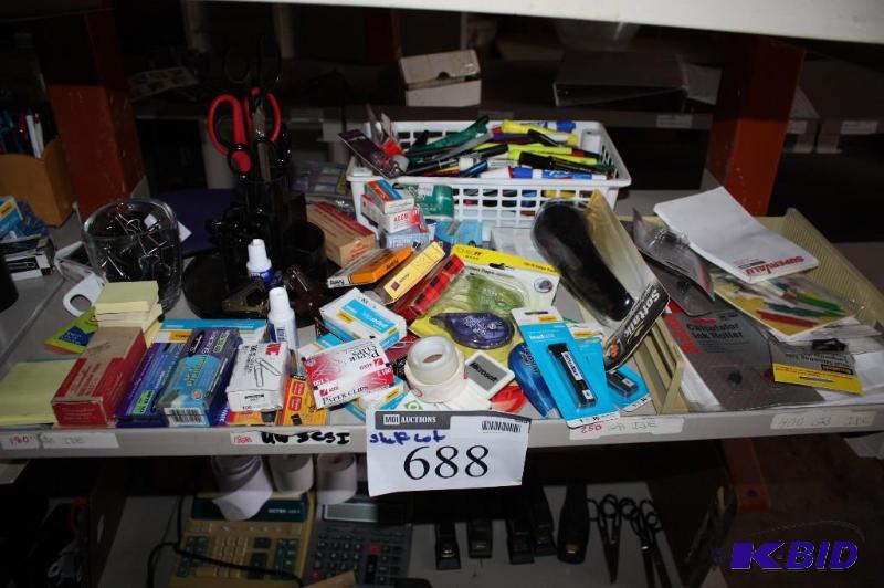 lot 688 image: Shelf lot of miscellaneous office supplies p...