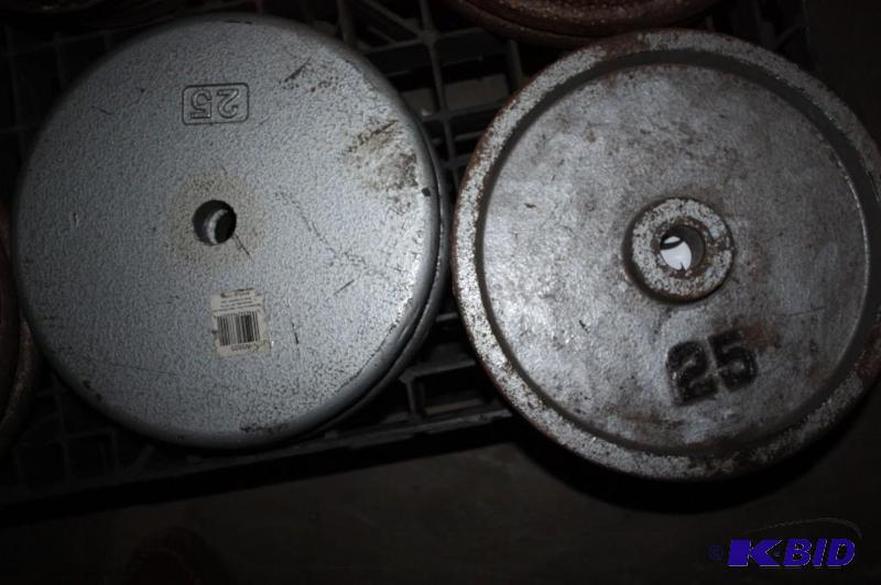 lot 701 image: Lot of (3) barbell weights. 25#...