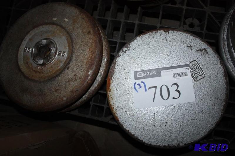 lot 703 image: Lot of (3) barbell weights. 25#...