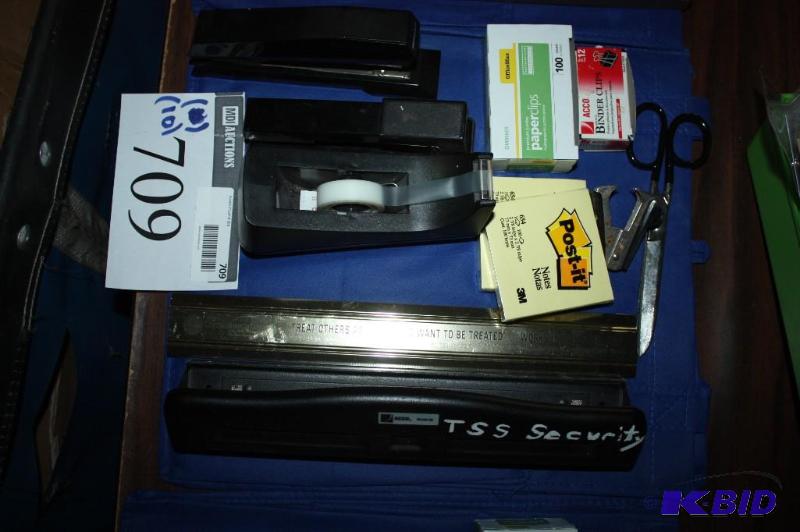 lot 709 image: Lot of (10) office supplies including tape ro...