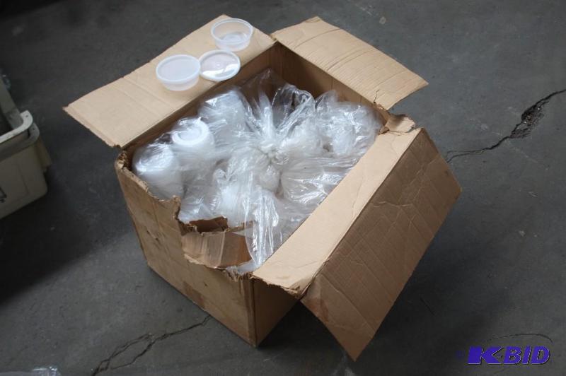 lot 90 image: Box of 8oz plastic containers with lids....