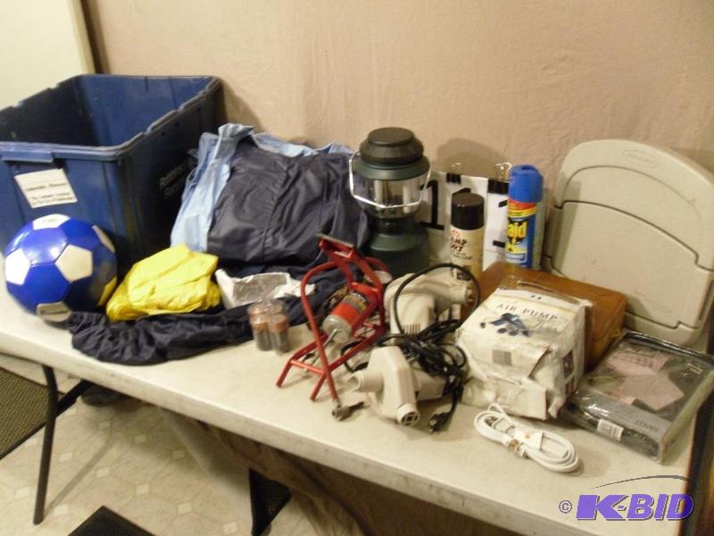 lot 111 image: Hose Holder, Eddie Bauer Poncho, Fishing Box,...
