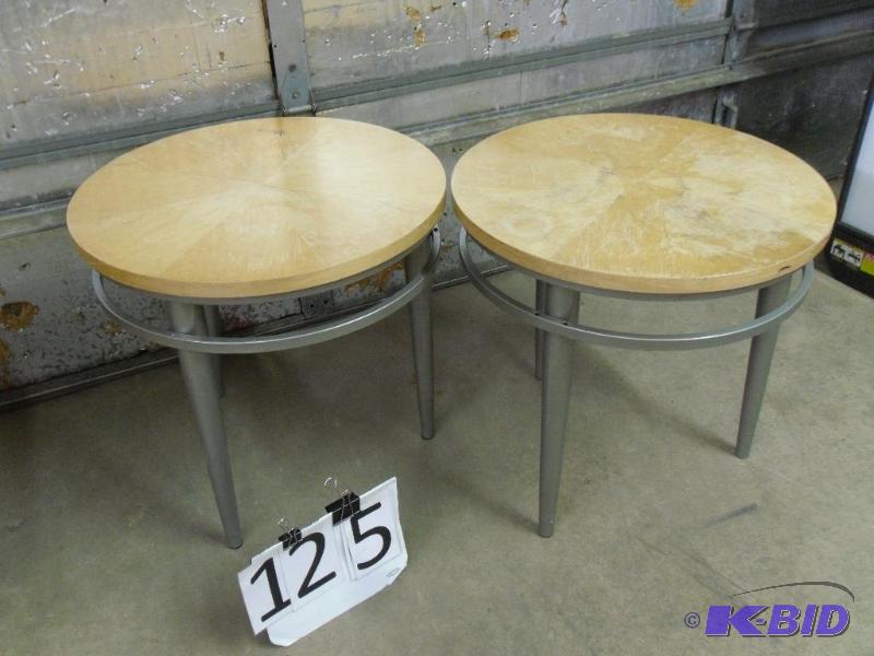 lot 125 image: Lot of 2 Round Steel Frame and Wood&nbspTop&...