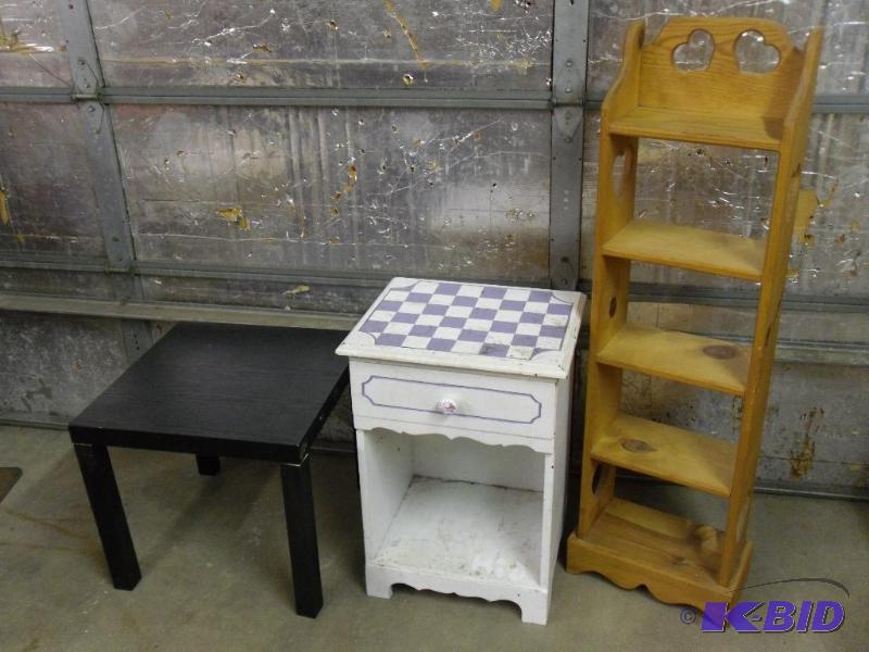 lot 149 image: Wood Shelf, Side Table, and Wood End Table wi...